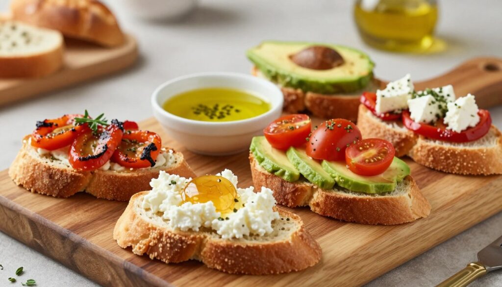 A vibrant and inviting composition of assorted crostini toast toppings artistically arranged on a rustic wooden board. In the foreground, focus on a variety of toasts: one topped with creamy ricotta and honey, another with avocado and cherry tomatoes, and a third with a spread of roasted red pepper and feta cheese. In the middle ground, place a small dish of olive oil and a sprinkle of fresh herbs, adding to the inviting atmosphere. The background should feature softly blurred kitchen elements, suggesting a cozy cooking space. Natural, warm lighting should illuminate the scene, creating a welcoming ambiance. Capture the image from a slightly elevated angle to emphasize the textures and colors of the toppings, inviting viewers to explore the delicious combinations.