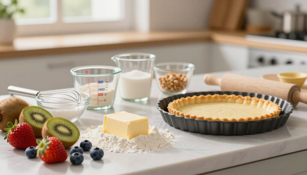 A vibrant and inviting kitchen countertop scene featuring an assortment of tart ingredients and essential tools. In the foreground, showcase fresh fruits like strawberries, blueberries, and kiwi, alongside a small pile of flour, a stick of butter, and a bowl of sugar. Place a rolling pin and a tart pan prominently to the side. In the middle, add measuring cups filled with various ingredients and a whisk, emphasizing a cozy baking atmosphere. In the background, softly blurred, display a window with natural sunlight streaming in, illuminating the scene. The composition should evoke a warm, joyful mood, ideal for beginners ready to create their first birthday tart, with a focus on freshness and simplicity.