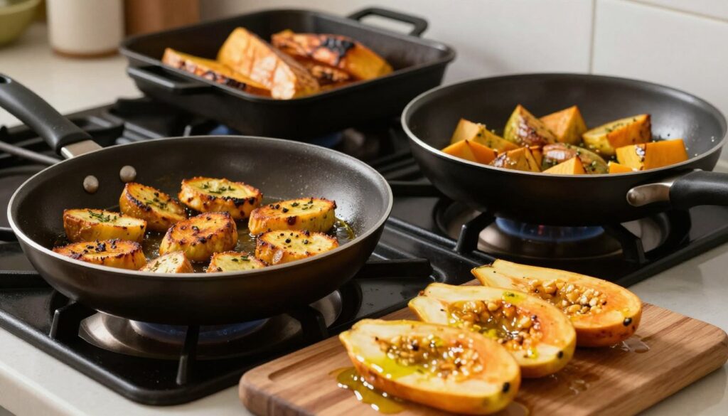A vibrant kitchen scene showcasing various cooking methods for breadfruit. In the foreground, a wooden cutting board displays sliced breadfruit, glistening with olive oil, ready for frying. Nearby, a frying pan sits on a stove with golden-brown fried breadfruit, sizzling in hot oil. In the middle ground, a pot stews with chunks of breadfruit, seasoned with herbs, simmering gently. The background features a roasting pan with breadfruit wedges, slightly charred, adding a rustic touch. Soft, warm lighting bathes the scene, creating a cozy and inviting atmosphere, while a wide-angle view captures the richness of a busy kitchen. The overall mood is one of culinary creativity, illustrating the versatility of breadfruit through roasting, frying, and stewing methods.