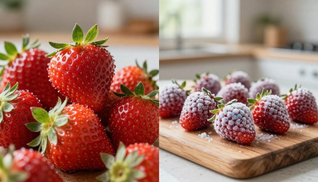 A vibrant split-image showcasing fresh strawberries on one side and frozen strawberries on the other. In the foreground, ripe, juicy strawberries glisten with morning dew, their bright red color contrasting beautifully against their lush green leaves. In contrast, the frozen strawberries appear slightly frosted, showcasing their icy texture with a hint of blueish hue, placed on a rustic wooden cutting board. The background features a blurred kitchen setting, with soft natural light filtering through a window, creating a warm and inviting atmosphere. The angle should be slightly elevated to provide a clear view of both strawberry presentations, enhancing the visual comparison. This image should evoke freshness versus preservation, highlighting their distinct characteristics.