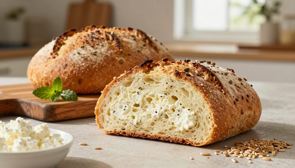 A visually appealing slice of high protein cottage cheese bread sits prominently in the foreground, showcasing its golden-brown crust and fluffy interior filled with seeds and grains. Surrounding the bread are scattered whole grains and a small dish of cottage cheese, emphasizing the nutritional focus. In the middle background, a rustic wooden cutting board complements the organic feel, while delicate herbs lend a touch of color. The lighting is warm and inviting, casting soft shadows that enhance the texture of the bread. A blurred kitchen setting with a hint of natural light streaming through a window creates a cozy atmosphere, evoking a sense of homemade warmth and wholesome nourishment. The overall mood conveys health consciousness and deliciousness.