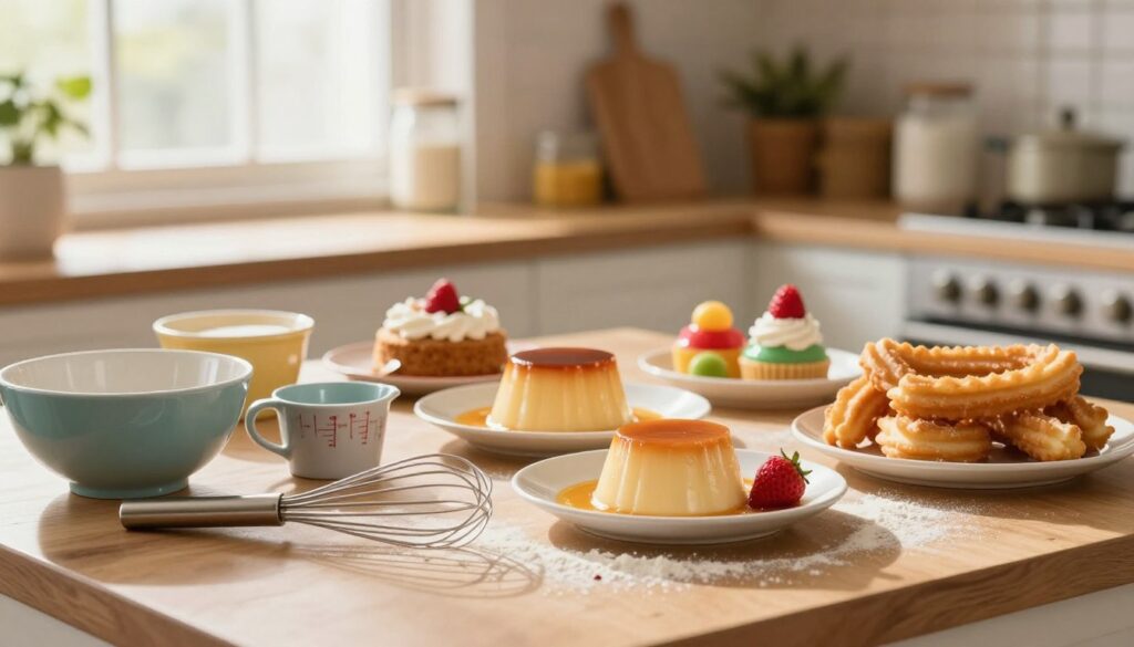 A warm, inviting kitchen scene showcasing essential baking tools and ingredients for creating perfect Mexican desserts. In the foreground, a beautifully arranged assortment of baking utensils, such as mixing bowls, measuring cups, and a whisk, with flour dust lightly scattered. The middle ground features a sumptuous cake and colorful sweets, like flan and churros, elegantly plated. In the background, a window allows soft, natural sunlight to flood the kitchen, creating a cozy atmosphere. The scene is captured with a shallow depth of field, accentuating the vibrant colors of the desserts while softly blurring kitchen decor. Overall, the mood is cheerful and inspiring, inviting viewers to explore their baking potential.