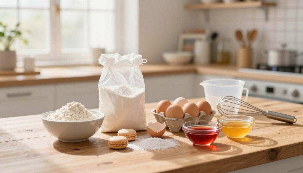 A well-lit kitchen countertop set up for making macarons. In the foreground, there's a neatly arranged collection of ingredients: almond flour in a bowl, a bag of powdered sugar, eggs in their shells, and a small bowl of vibrant food coloring. A clean whisk and measuring cups are positioned nearby, suggesting preparation. In the middle ground, soft sunlight filters through a window, creating a warm atmosphere, illuminating a rustic wooden table. In the background, shelves filled with baking tools and a hint of culinary books provide context. The scene captures a sense of anticipation and creativity, ideal for a culinary workspace dedicated to baking perfection. The photo is taken with a shallow depth of field, focusing on the ingredients while softly blurring the background for a dreamy effect.