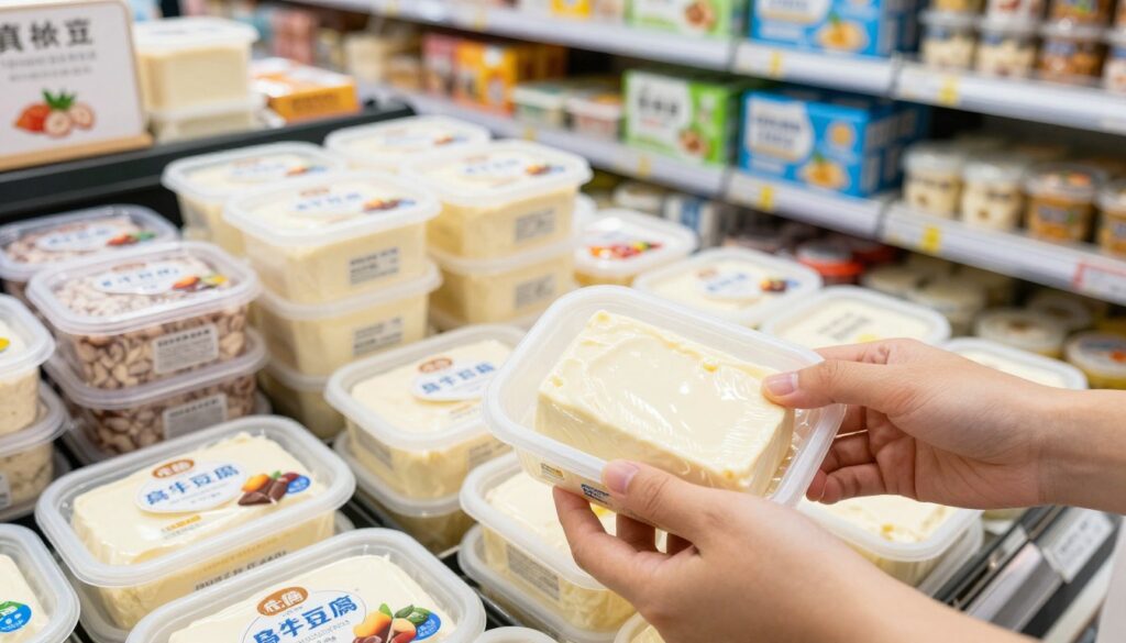 A well-organized grocery store aisle showcasing various brands of silken tofu. In the foreground, a hand gently selects a package of silken tofu, highlighting its smooth, creamy texture. The middle features neatly arranged tofu containers, differing in texture labels, and some ingredients visibly suggested for dessert recipes, like fruit and chocolate. The background displays vibrant, well-lit shelves, enhancing the fresh and inviting atmosphere of a local store. The lighting is bright and natural, creating a warm ambiance. The angle is slightly overhead, giving a comprehensive view of the tofu selection while focusing on the act of selecting the right tofu. The overall mood is educational and engaging, inviting the viewer to learn and explore their culinary options.