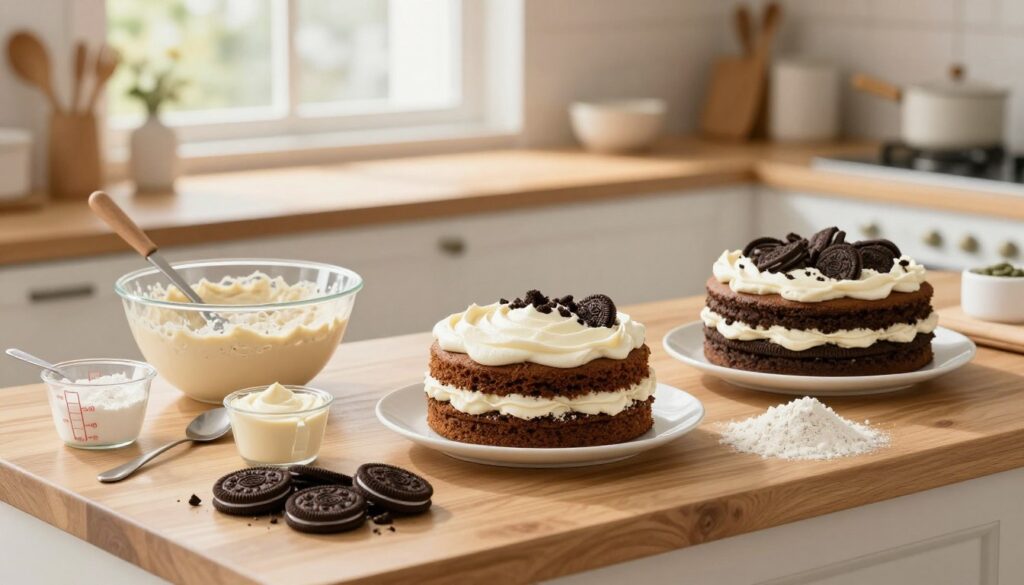 A whimsical step-by-step visualization of the Oreo cake making process, beautifully arranged in a bright, cozy kitchen setting. In the foreground, a well-lit wooden countertop displays key ingredients: crushed Oreos, cream cheese, and flour, with measuring cups and spoons artfully scattered. The middle-ground showcases various stages of cake preparation: mixing batter in a bowl, layering cakes with creamy frosting, and adding crushed Oreos for a delightful finish. In the background, a window lets in warm, natural light, enhancing the inviting atmosphere. A soft-focus effect on the background elements adds depth, while the overall mood is cheerful and inspiring, inviting viewers to indulge in this creamy treat. The perspective should evoke closeness, making the viewer feel engaged in the baking journey.