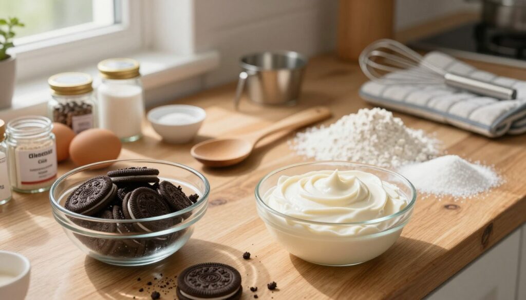 An artistic display of ingredients for an Oreo cake recipe, arranged on a rustic wooden kitchen countertop. In the foreground, a clear glass bowl filled with crushed Oreo cookies, and an elegant dish of creamy white frosting. Beside them, ingredients like eggs, flour, sugar, and baking powder are artfully scattered around, some in small, labeled jars. The middle section features a neatly displayed wooden spoon and measuring cups. In the background, softly blurred kitchen tools like a whisk and oven mitts create a warm, inviting atmosphere. Natural daylight filters in from a nearby window, casting gentle shadows that enhance the cozy, homely feel. The overall mood is cheerful and inspiring, perfect for baking enthusiasts.