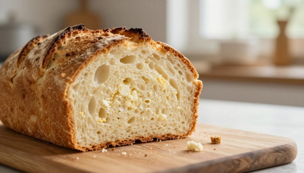 Close-up of a freshly baked loaf of cottage cheese bread, showcasing its soft, fluffy texture with visible air pockets and a slightly crusty golden-brown exterior. The foreground features a slice cut from the loaf, revealing the moist and tender interior speckled with tiny white curds. In the middle, a rustic wooden cutting board holds the loaf, with crumbs scattered artistically around. The background consists of a warm, homely kitchen setting, softly lit by natural daylight filtering through a window, creating a cozy and inviting atmosphere. The scene captures the essence of comfort and homemade goodness, evoking a sense of warmth and satisfaction. Use a shallow depth of field to focus on the bread while gently blurring the background, enhancing the softness of the bread texture.