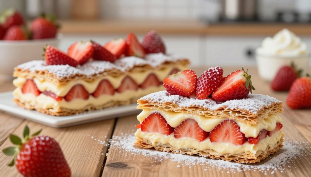 Lusciously layered strawberry mille-feuille, showcasing delicate golden-brown pastry layers alternating with creamy vanilla custard, vibrant red strawberry slices, and a light dusting of powdered sugar. In the foreground, a beautifully plated slice, revealing its exquisite cross-section, glistening with fresh strawberries on top. The middle ground features additional mille-feuille pieces artfully arranged on a rustic wooden table, with soft, warm natural lighting gently illuminating the scene. In the background, a blurred kitchen setting hints at a cozy, inviting atmosphere, with ingredients like strawberries and cream subtly visible. Use a shallow depth of field to focus on the dessert while softening the surroundings, creating an enticing and indulgent mood that captures the essence of homemade baking.