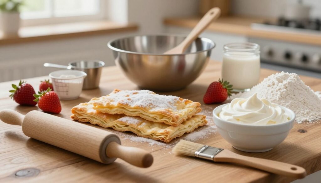 a beautifully arranged collection of baking ingredients and tools on a rustic wooden table, featuring fresh strawberries, puff pastry sheets, sugar, flour, and a small bowl of whipped cream. Include a rolling pin, measuring cups, and a pastry brush in the foreground. In the middle, display a classic mixing bowl and an elegant spatula. The background should gently fade with soft natural light filtering through a kitchen window, creating a warm, inviting atmosphere. Capture the scene from a slightly elevated angle, focusing on the textures of the ingredients and the tools, to evoke a sense of anticipation for baking. The overall mood is cozy and inspiring, as if inviting viewers to embark on a delightful culinary adventure.
