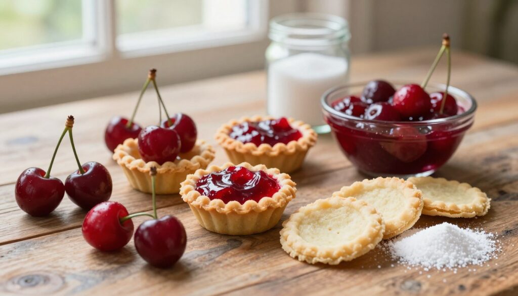 a beautifully arranged flat lay of key ingredients for cherry pie mini tarts, featuring plump, bright red cherries, a bowl of rich, glossy cherry filling, and delicate pastry dough rolled out into thin circles. Include a small jar of granulated sugar and a sprinkle of cornstarch on the side. In the background, softly blurred, showcase a rustic wooden table for warmth, bathed in soft, natural sunlight that filters through a nearby window, creating a cozy atmosphere. The composition should focus on textures, with an emphasis on the freshness of the cherries and the flakiness of the pastry. Use a shallow depth of field to emphasize the foreground while softly fading the background, enhancing the inviting mood of this culinary setup.