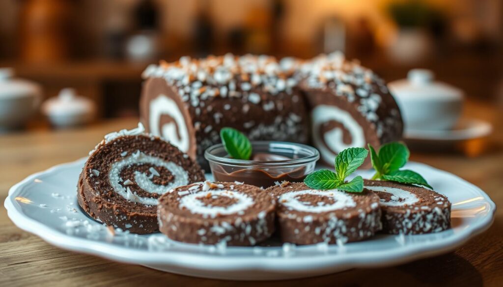 A beautifully arranged Coconut Chocolate Roll, sliced to reveal its luscious layers of rich chocolate and coconut filling. In the foreground, place a few elegant slices on a delicate white plate, garnished with toasted coconut flakes and mint leaves. In the middle, add a small dish of melted chocolate dip and a coconut cream sauce for an inviting serving suggestion. The background features a blurred kitchen setting with warm, soft lighting to create a cozy, inviting atmosphere. Use a shallow depth of field to highlight the roll and garnishes while softly blurring the background. The overall mood should be warm and inviting, enticing viewers to try this delicious twist on a classic dessert.