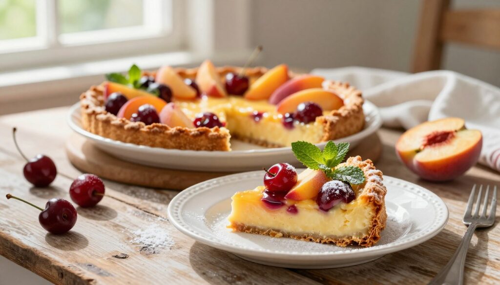 A beautifully arranged clafoutis dessert showcases its rich, custard-like texture, studded with vibrant seasonal fruits like cherries and slices of ripe peaches. In the foreground, a slice is delicately plated, garnished with a dusting of powdered sugar and a sprig of mint for freshness. The background features a rustic wooden table, enhancing the French atmosphere with soft, natural light filtering through a nearby window, casting gentle shadows. A shabby chic setting accentuates the warmth and homeliness of a classic French kitchen. Capture this scene from a slightly elevated angle to encompass the inviting details, evoking a nostalgic and leisurely mood, perfect for a delightful summer dessert.