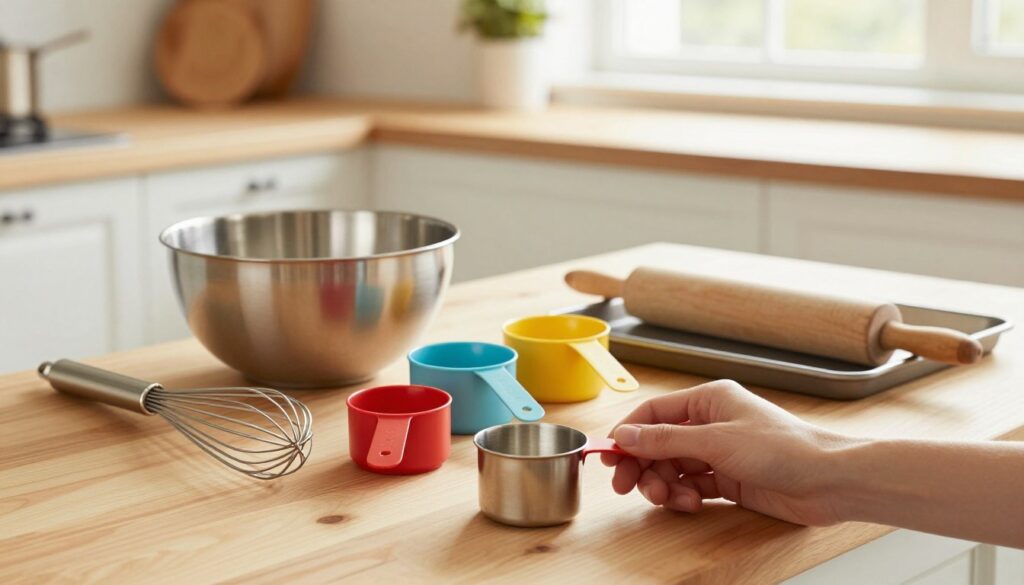 A beautifully arranged collection of essential baking equipment, including a mixing bowl, measuring cups, a whisk, a rolling pin, and a set of baking trays, all set on a light wooden kitchen countertop. The foreground features a close-up of a hand gently holding a measuring cup, emphasizing the precision needed in baking. In the middle, the tools are tastefully displayed, showcasing their shiny metal and vibrant colors. The background has a soft-focus view of a rustic kitchen environment, with natural light streaming through a window, creating a warm and inviting atmosphere. The overall mood is cozy and homely, ideal for inspiring baking creativity.