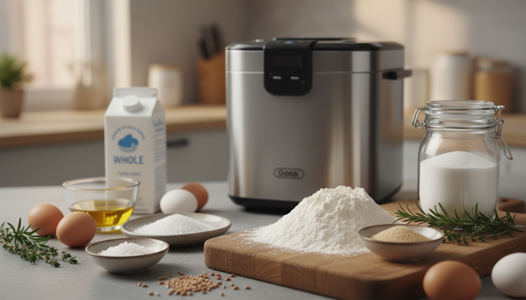 A beautifully arranged countertop scene showcasing essential ingredients for bread machine recipes. In the foreground, a rustic wooden cutting board holds a pile of flour, a small bowl of yeast, a dish of salt, and a clear glass jar of sugar. A carton of milk and a bowl of olive oil are elegantly placed nearby, with a few eggs scattered artistically around. In the middle, a bread machine is subtly visible, hinting at the process of baking. The background features a softly blurred kitchen environment with warm, inviting lighting, suggesting a cozy atmosphere. A few grains of wheat and fresh herbs add a touch of color and texture. The overall mood is wholesome and inviting, perfect for a baking enthusiast. A beautifully arranged countertop scene showcasing essential ingredients for bread machine recipes. In the foreground, a rustic wooden cutting board holds a pile of flour, a small bowl of yeast, a dish of salt, and a clear glass jar of sugar. A carton of milk and a bowl of olive oil are elegantly placed nearby, with a few eggs scattered artistically around. In the middle, a bread machine is subtly visible, hinting at the process of baking. The background features a softly blurred kitchen environment with warm, inviting lighting, suggesting a cozy atmosphere. A few grains of wheat and fresh herbs add a touch of color and texture. The overall mood is wholesome and inviting, perfect for a baking enthusiast.