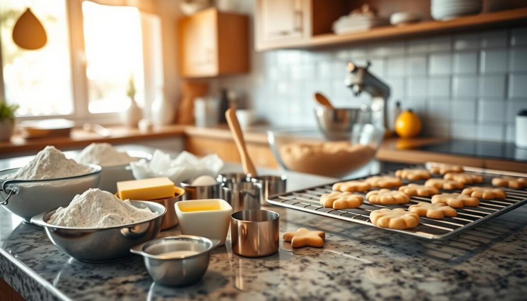 A beautifully arranged countertop showcasing step-by-step instructions for making butter cookies. In the foreground, there are ingredients neatly organized: flour, sugar, butter, eggs, and baking powder, with measuring cups and spoons. The middle ground features a mixing bowl with a wooden spoon, dough being formed, and cookie cutters in various shapes. In the background, a warm, inviting kitchen is visible with soft natural lighting streaming through a window, highlighting a plate of freshly baked cookies cooling on a rack. The atmosphere is cozy and inviting, evoking a sense of home-baking happiness. The scene is captured from a slight overhead angle, emphasizing the details of the layout and ingredients, while maintaining a focus on the cooking process itself. No people are present in the image. A beautifully arranged countertop showcasing step-by-step instructions for making butter cookies. In the foreground, there are ingredients neatly organized: flour, sugar, butter, eggs, and baking powder, with measuring cups and spoons. The middle ground features a mixing bowl with a wooden spoon, dough being formed, and cookie cutters in various shapes. In the background, a warm, inviting kitchen is visible with soft natural lighting streaming through a window, highlighting a plate of freshly baked cookies cooling on a rack. The atmosphere is cozy and inviting, evoking a sense of home-baking happiness. The scene is captured from a slight overhead angle, emphasizing the details of the layout and ingredients, while maintaining a focus on the cooking process itself. No people are present in the image.