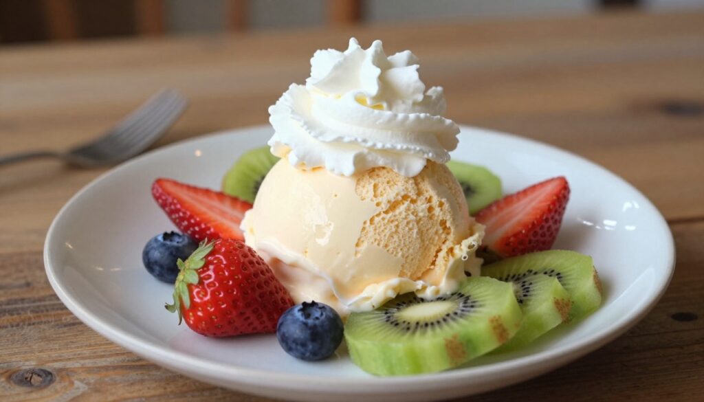 A beautifully arranged dessert presentation featuring a generous scoop of creamy vanilla ice cream topped with a luscious dollop of fluffy whipped cream. The dessert is garnished with fresh seasonal fruits like vibrant strawberries, blueberries, and slices of kiwi, artfully placed around the ice cream. In the foreground, a fine porcelain plate showcases the dessert with a shiny glaze, and in the background, a soft-focus rustic wooden table adds warmth to the scene. Natural soft lighting illuminates the composition, creating a cozy and inviting atmosphere. Capture the scene from a slightly elevated angle to emphasize the textures and colors of the ice cream and fruit, aiming for a delightful and appetizing feel that enhances the elegance of this sweet treat. A beautifully arranged dessert presentation featuring a generous scoop of creamy vanilla ice cream topped with a luscious dollop of fluffy whipped cream. The dessert is garnished with fresh seasonal fruits like vibrant strawberries, blueberries, and slices of kiwi, artfully placed around the ice cream. In the foreground, a fine porcelain plate showcases the dessert with a shiny glaze, and in the background, a soft-focus rustic wooden table adds warmth to the scene. Natural soft lighting illuminates the composition, creating a cozy and inviting atmosphere. Capture the scene from a slightly elevated angle to emphasize the textures and colors of the ice cream and fruit, aiming for a delightful and appetizing feel that enhances the elegance of this sweet treat.