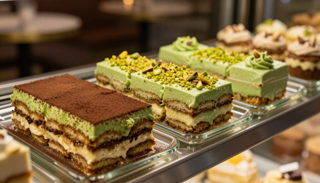A beautifully arranged display of Italian pistachio tiramisu variations, showcasing three distinct layers of dessert in an elegant glass dish. The foreground features a slice of tiramisu highlighted with rich green pistachio crème, delicate layers of coffee-soaked ladyfingers, and a dusting of cocoa. In the middle, alternate variations include a pistachio mousse topped with crushed nuts and a deconstructed version served in a small bowl, with pistachio crumbs artfully scattered. The background features a softly blurred Italian café setting, with warm ambient lighting enhancing the inviting atmosphere. Use a shallow depth of field to focus on the desserts, creating a cozy, indulgent mood that captures the essence of this nutty twist on a classic dessert.
