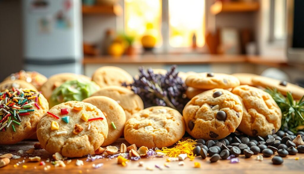 A beautifully arranged display of butter cookies showcasing creative variations and flavor enhancements. In the foreground, several classic butter cookies are elegantly decorated with colorful icing, sprinkles, and finely chopped nuts. Next to them, unique flavor variations like matcha, lavender, and lemon zest cookies are sprinkled throughout, highlighting their distinct colors and textures. The middle ground features a vibrant array of cookie ingredients—vanilla pods, chocolate chips, and fresh herbs—artfully scattered around. The background is softly blurred, featuring a cozy kitchen setting with warm, inviting light pouring in from a window, creating a homely atmosphere. The scene is captured with a shallow depth of field, emphasizing the delicious details of the cookies while providing a warm and inviting ambiance perfect for a baked treat. A beautifully arranged display of butter cookies showcasing creative variations and flavor enhancements. In the foreground, several classic butter cookies are elegantly decorated with colorful icing, sprinkles, and finely chopped nuts. Next to them, unique flavor variations like matcha, lavender, and lemon zest cookies are sprinkled throughout, highlighting their distinct colors and textures. The middle ground features a vibrant array of cookie ingredients—vanilla pods, chocolate chips, and fresh herbs—artfully scattered around. The background is softly blurred, featuring a cozy kitchen setting with warm, inviting light pouring in from a window, creating a homely atmosphere. The scene is captured with a shallow depth of field, emphasizing the delicious details of the cookies while providing a warm and inviting ambiance perfect for a baked treat.