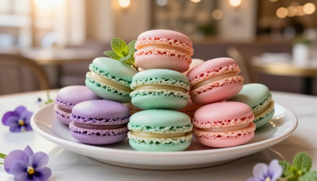 A beautifully arranged display of classic French macarons on a pastel-colored ceramic plate, showcasing an array of vibrant shells in shades of lavender, mint green, and soft pink. The macarons are neatly piled, with some standing on their side to reveal the creamy fillings. Surround the plate with delicate edible flowers like violets and small sprigs of mint for a touch of elegance. In the background, a softly blurred Parisian café setting with warm, inviting lighting creates a cozy atmosphere. A warm sunlight glow filters through, enhancing the colors and adding a touch of whimsy. The shot is taken from a slightly elevated angle, capturing the texture and sheen of each macaron, designed to evoke feelings of indulgence and simplicity.