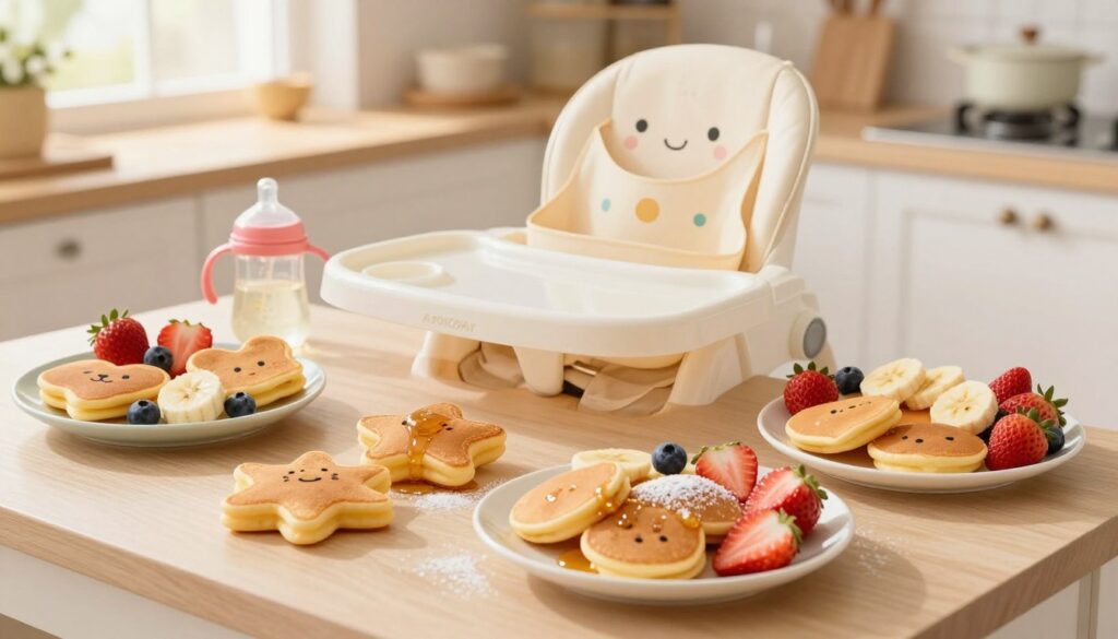 A beautifully arranged display of delicious baby breakfast options featuring fluffy, golden pancakes in various fun shapes – hearts, stars, and animals – topped with colorful fresh fruits like strawberries, blueberries, and banana slices. In the foreground, a small, playful baby-sized plate filled with pancake pieces, drizzled lightly with honey and a sprinkle of powdered sugar. In the middle, a soft, inviting high chair decorated with a cute, cheerful bib, and a sippy cup nearby. The background is a bright, sunny kitchen with warm light filtering through a window, casting a soft glow over the scene, enhancing the cozy, happy atmosphere of a joyful breakfast moment. The angle captures the inviting layout from slightly above, emphasizing the playful and enticing presentation meant to engage little ones. A beautifully arranged display of delicious baby breakfast options featuring fluffy, golden pancakes in various fun shapes – hearts, stars, and animals – topped with colorful fresh fruits like strawberries, blueberries, and banana slices. In the foreground, a small, playful baby-sized plate filled with pancake pieces, drizzled lightly with honey and a sprinkle of powdered sugar. In the middle, a soft, inviting high chair decorated with a cute, cheerful bib, and a sippy cup nearby. The background is a bright, sunny kitchen with warm light filtering through a window, casting a soft glow over the scene, enhancing the cozy, happy atmosphere of a joyful breakfast moment. The angle captures the inviting layout from slightly above, emphasizing the playful and enticing presentation meant to engage little ones.