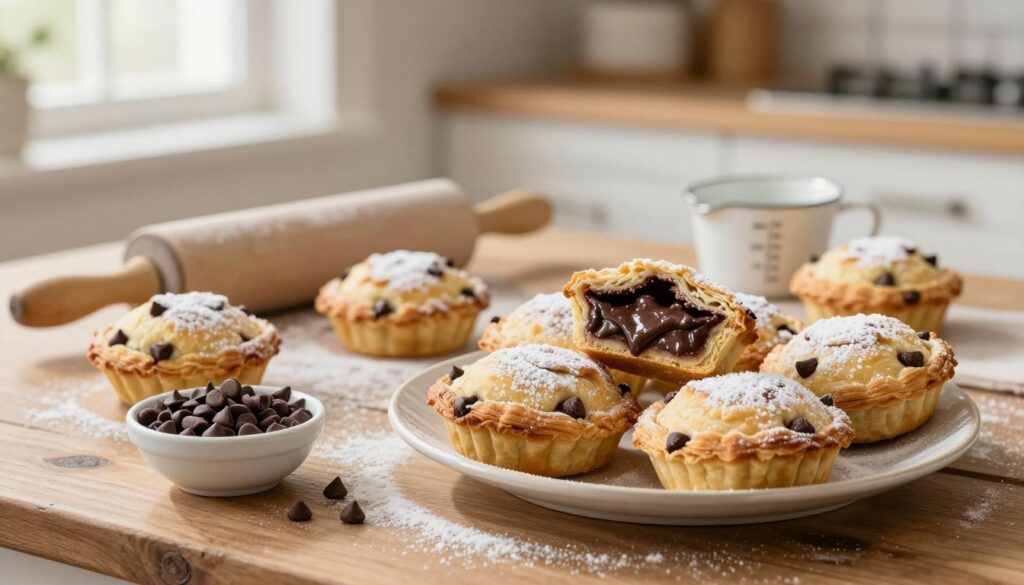 A beautifully arranged display of freshly baked chocolate chip pop tarts on a rustic wooden table, with one pop tart cut in half showing the gooey, chocolate-filled interior. The foreground features a plate of golden-brown pop tarts lightly dusted with powdered sugar, alongside a small bowl of chocolate chips for added contrast. In the middle ground, a vintage-style rolling pin and measuring cups hint at the baking process, surrounded by scattered flour creating a cozy kitchen atmosphere. The background is softly blurred, suggesting a warm, inviting kitchen with natural light streaming in from a nearby window, casting soft shadows. The overall mood is cheerful and warm, perfect for a delightful breakfast vibe.