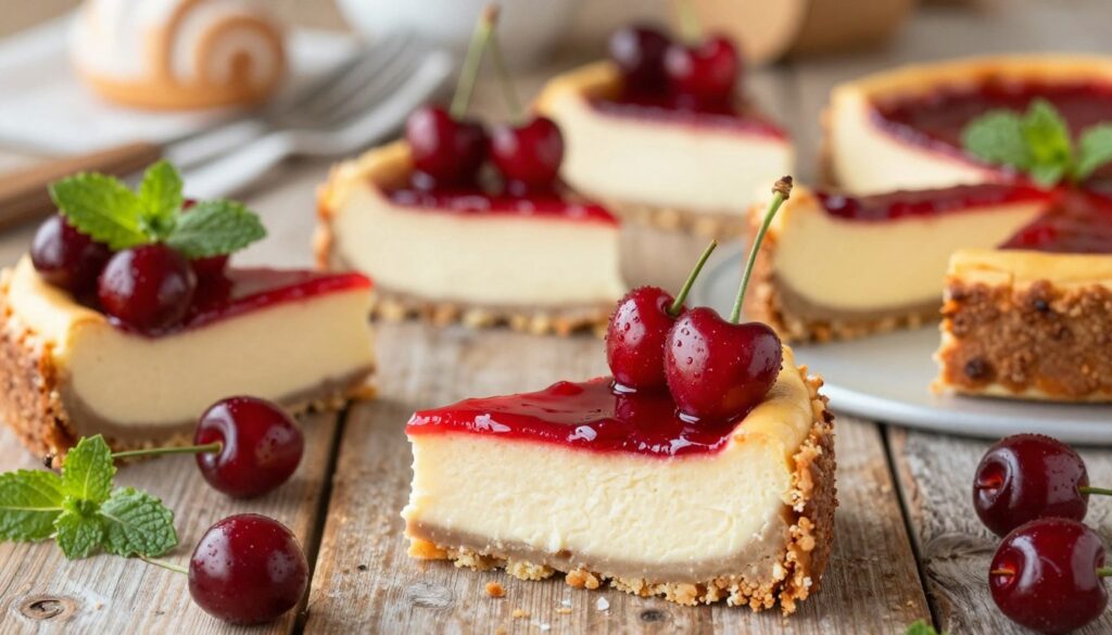 A beautifully arranged display of gluten-free cheesecake options topped with vibrant red cherries. In the foreground, focus on a slice of creamy cheesecake with a glossy cherry glaze, showcasing its rich texture and crumbly crust. Surround it with additional slices, each uniquely decorated with fresh cherries and mint leaves for a pop of color. The middle ground features a rustic wooden table, enhancing the wholesome feel. In the background, softly blurred pastry utensils and ingredients hint at the baking process. The soft, warm lighting creates an inviting atmosphere, reminiscent of a cozy kitchen. Shot with a shallow depth of field to emphasize the cheesecake, capturing the details and allure of this delightful dessert.