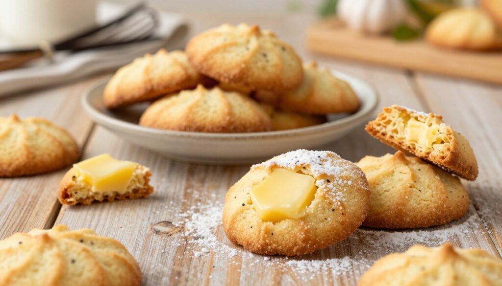 A beautifully arranged display of golden-brown French butter cookies on a rustic wooden table, surrounded by a soft, warm light that highlights their flaky texture. In the foreground, a close-up of several cookies with a glossy finish, showing tiny specks of vanilla bean and a delicate dusting of powdered sugar. The middle ground features a charming ceramic plate with more cookies, some partially broken to reveal their soft, buttery insides. In the background, a cozy kitchen setting with a blurred view of baking utensils and fresh ingredients, adding warmth to the scene. The overall mood is inviting and indulgent, evoking a sense of comfort and enjoyment, perfect for highlighting the delightful nature and health benefits of butter cookies.