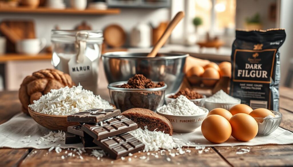 A beautifully arranged display of ingredients for a Coconut Chocolate Roll, featuring grated coconut, dark chocolate bars, a bowl of cocoa powder, fresh eggs, all-purpose flour, and sugar. The foreground showcases these ingredients on a rustic wooden kitchen table with a light-colored linen cloth. In the middle, add a mixing bowl with a wooden spoon, hinting at the preparation process. The background is softly blurred, featuring hints of a well-lit kitchen with warm, natural lighting, creating an inviting and homely atmosphere. The scene should evoke a feeling of warmth and delicious anticipation, with a focus on the rich textures and colors of the ingredients. A shallow depth of field enhances the vivid details while maintaining a cozy, appealing setting.