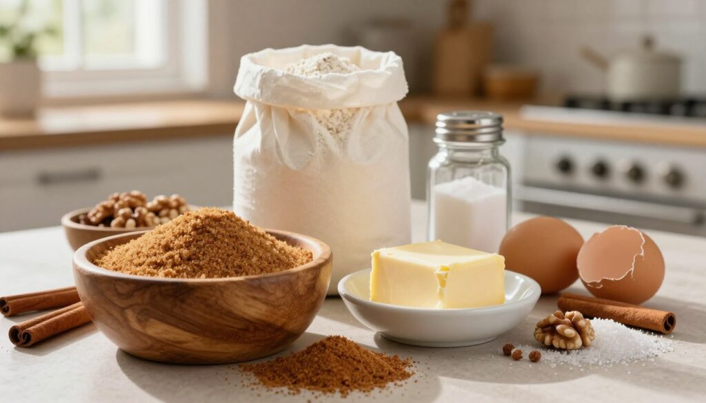 A beautifully arranged display of key ingredients for homemade cinnamon coffee cake. In the foreground, place a rustic wooden bowl filled with soft, golden brown sugar, surrounded by a generous sprinkle of ground cinnamon. Beside it, a small dish of creamy unsalted butter and a cracked egg await use. In the middle, a bag of all-purpose flour stands next to a jar of baking powder and salt, while whole walnuts and coarse sugar add texture. The background features a cozy kitchen setting with warm, natural lighting filtering through a window, casting soft shadows. The composition exudes a warm, inviting atmosphere, perfect for a morning treat preparation scene, with a slightly blurred depth of field focusing on the ingredients. A beautifully arranged display of key ingredients for homemade cinnamon coffee cake. In the foreground, place a rustic wooden bowl filled with soft, golden brown sugar, surrounded by a generous sprinkle of ground cinnamon. Beside it, a small dish of creamy unsalted butter and a cracked egg await use. In the middle, a bag of all-purpose flour stands next to a jar of baking powder and salt, while whole walnuts and coarse sugar add texture. The background features a cozy kitchen setting with warm, natural lighting filtering through a window, casting soft shadows. The composition exudes a warm, inviting atmosphere, perfect for a morning treat preparation scene, with a slightly blurred depth of field focusing on the ingredients.