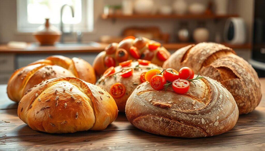 A beautifully arranged display of various creative homemade bread variations on a rustic wooden table. In the foreground, showcase a golden-brown artisan loaf with a crispy crust, sprinkled with seeds, alongside a braided challah with a glossy finish. In the middle, feature a round focaccia topped with colorful cherry tomatoes, rosemary, and sea salt, and a sourdough batard with intricate scoring. The background includes a soft-focus view of an airy kitchen, with warm sunlight streaming through a window, illuminating the scene and casting gentle shadows. The setting evokes a warm, inviting atmosphere, perfect for a cozy baking experience. Use a shallow depth of field to emphasize the breads while maintaining a warm, soft light for a homey feel.