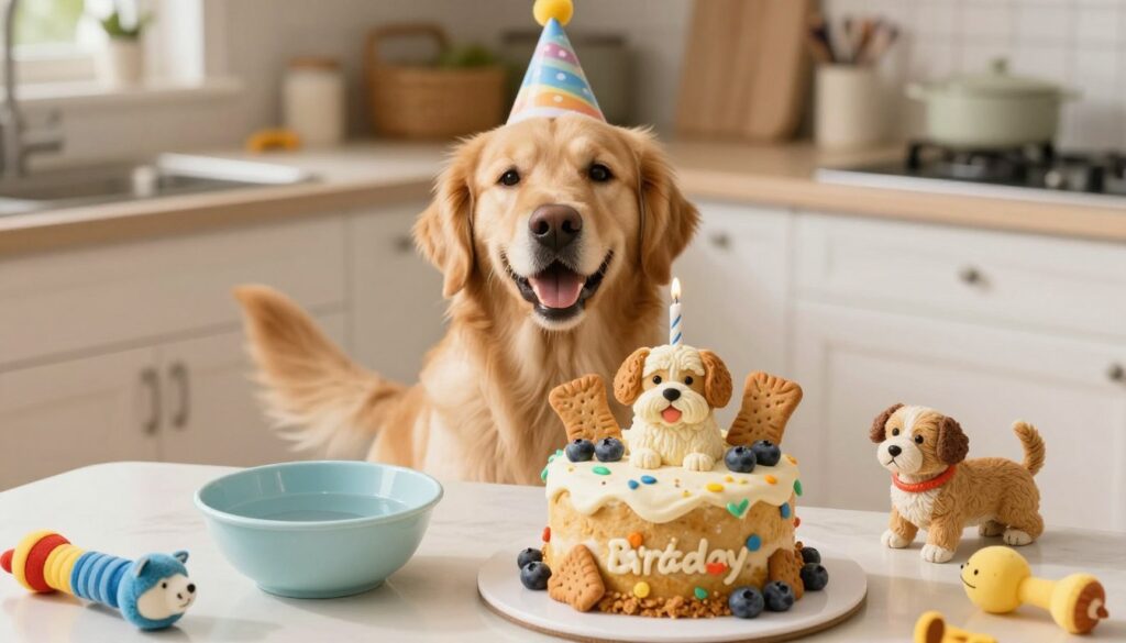 A beautifully arranged dog birthday cake recipe scene, featuring a homemade dog cake in the foreground, decorated with colorful dog-friendly icing and topped with playful decorations like dog biscuits, blueberries, and a small edible birthday candle. Accompany the cake with a bowl of fresh water and a few playful dog toys scattered around. In the middle, a happy golden retriever sits eagerly, its tail wagging, with a joyful expression as it looks at the cake, wearing a festive birthday hat. The background includes a warm, inviting kitchen countertop with soft, natural lighting, highlighting the cake’s textures. The atmosphere is cheerful, celebrating the occasion, evoking feelings of happiness and love for our furry friends. A beautifully arranged dog birthday cake recipe scene, featuring a homemade dog cake in the foreground, decorated with colorful dog-friendly icing and topped with playful decorations like dog biscuits, blueberries, and a small edible birthday candle. Accompany the cake with a bowl of fresh water and a few playful dog toys scattered around. In the middle, a happy golden retriever sits eagerly, its tail wagging, with a joyful expression as it looks at the cake, wearing a festive birthday hat. The background includes a warm, inviting kitchen countertop with soft, natural lighting, highlighting the cake’s textures. The atmosphere is cheerful, celebrating the occasion, evoking feelings of happiness and love for our furry friends.