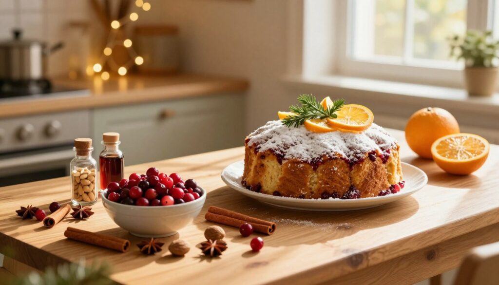 A beautifully arranged festive kitchen scene centered around a wooden table laden with ingredients for holiday baking. In the foreground, a bowl brimming with vibrant red cranberries sits next to an assortment of colorful spices—cinnamon sticks, nutmeg, and star anise—alongside small bottles of vanilla and almond extracts. The middle of the image features an elegantly decorated cranberry Christmas cake, dusted with powdered sugar and garnished with fresh herbs and citrus slices for a pop of color. In the background, twinkling fairy lights create a warm, inviting atmosphere, while soft, golden sunlight filters through a cozy window, casting gentle shadows on the scene. The overall mood is joyful and festive, celebrating the spirit of holiday baking. A beautifully arranged festive kitchen scene centered around a wooden table laden with ingredients for holiday baking. In the foreground, a bowl brimming with vibrant red cranberries sits next to an assortment of colorful spices—cinnamon sticks, nutmeg, and star anise—alongside small bottles of vanilla and almond extracts. The middle of the image features an elegantly decorated cranberry Christmas cake, dusted with powdered sugar and garnished with fresh herbs and citrus slices for a pop of color. In the background, twinkling fairy lights create a warm, inviting atmosphere, while soft, golden sunlight filters through a cozy window, casting gentle shadows on the scene. The overall mood is joyful and festive, celebrating the spirit of holiday baking.