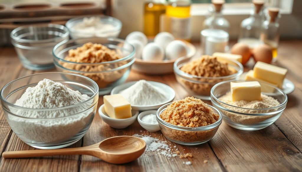 A beautifully arranged flat lay of butter cookie ingredients on a rustic wooden table. In the foreground, there are clear glass bowls filled with flour, granulated sugar, brown sugar, and softened butter. A wooden spoon lies beside them. In the middle, sprinkle of baking powder and a pinch of salt are displayed in small, delicate dishes. In the background, soft-focus ingredients like eggs and vanilla extract bottles create a warm baking atmosphere. Natural light streams in from a nearby window, casting gentle shadows and highlighting the textures of the ingredients. The mood is cozy and inviting, perfect for an afternoon of baking, evoking a sense of comfort and nostalgia. The image is devoid of text or branding, focusing solely on the ingredients. A beautifully arranged flat lay of butter cookie ingredients on a rustic wooden table. In the foreground, there are clear glass bowls filled with flour, granulated sugar, brown sugar, and softened butter. A wooden spoon lies beside them. In the middle, sprinkle of baking powder and a pinch of salt are displayed in small, delicate dishes. In the background, soft-focus ingredients like eggs and vanilla extract bottles create a warm baking atmosphere. Natural light streams in from a nearby window, casting gentle shadows and highlighting the textures of the ingredients. The mood is cozy and inviting, perfect for an afternoon of baking, evoking a sense of comfort and nostalgia. The image is devoid of text or branding, focusing solely on the ingredients.