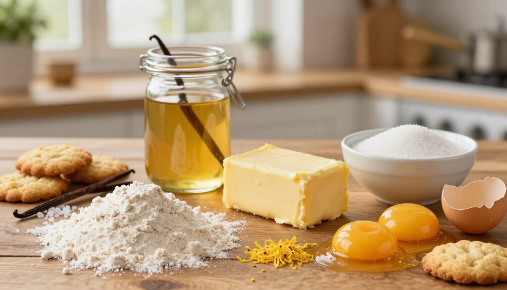 A beautifully arranged flat lay of buttery sables ingredients, showcasing a variety of fresh, high-quality components. In the foreground, there are a small mound of golden all-purpose flour, a stick of creamy unsalted butter, a bowl of granulated sugar, and a few egg yolks, all artistically scattered on a rustic wooden surface. In the middle, an elegant glass jar of vanilla extract adds a touch of luxury, alongside a pinch of sea salt and finely grated lemon zest for brightness. The background features a soft-focus kitchen setting with warm natural lighting pouring in from a nearby window, enhancing the inviting atmosphere of a baking environment. The color palette includes rich yellows, warm browns, and hints of green, evoking a cozy, homey feel perfect for preparing delicious sable cookies. A beautifully arranged flat lay of buttery sables ingredients, showcasing a variety of fresh, high-quality components. In the foreground, there are a small mound of golden all-purpose flour, a stick of creamy unsalted butter, a bowl of granulated sugar, and a few egg yolks, all artistically scattered on a rustic wooden surface. In the middle, an elegant glass jar of vanilla extract adds a touch of luxury, alongside a pinch of sea salt and finely grated lemon zest for brightness. The background features a soft-focus kitchen setting with warm natural lighting pouring in from a nearby window, enhancing the inviting atmosphere of a baking environment. The color palette includes rich yellows, warm browns, and hints of green, evoking a cozy, homey feel perfect for preparing delicious sable cookies.