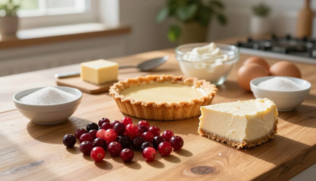 A beautifully arranged flat lay of cranberry cheesecake ingredients on a wooden kitchen table. In the foreground, plump, fresh cranberries, a block of cream cheese, and a bowl of sugar glisten in natural light. In the middle, a graham cracker crust, butter, sour cream, and eggs are neatly placed, each ingredient invitingly showcased. The background features soft, blurred kitchen utensils and a hint of greenery from potted herbs, enhancing the homely feel. The scene is illuminated with warm, diffused sunlight streaming in through a nearby window, creating a cozy and inviting atmosphere for baking. The composition should evoke a sense of comfort and anticipation, perfect for a delicious cheesecake creation. A beautifully arranged flat lay of cranberry cheesecake ingredients on a wooden kitchen table. In the foreground, plump, fresh cranberries, a block of cream cheese, and a bowl of sugar glisten in natural light. In the middle, a graham cracker crust, butter, sour cream, and eggs are neatly placed, each ingredient invitingly showcased. The background features soft, blurred kitchen utensils and a hint of greenery from potted herbs, enhancing the homely feel. The scene is illuminated with warm, diffused sunlight streaming in through a nearby window, creating a cozy and inviting atmosphere for baking. The composition should evoke a sense of comfort and anticipation, perfect for a delicious cheesecake creation.
