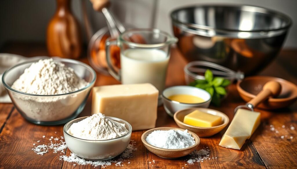 A beautifully arranged flat lay of essential ingredients for Brazilian cheese bread, showcasing a vibrant assortment of key components. In the foreground, include a small bowl of tapioca flour, a block of soft cheese, eggs, and a sprinkle of salt, all placed on a rustic wooden surface. In the middle, add a measuring cup of milk and a small dish of melted butter, invitingly positioned next to the flour and cheese. The background can feature softly blurred kitchen utensils, such as a whisk and mixing bowl, set in warm, natural light to create a cozy, inviting atmosphere. Utilize a shallow depth of field for a professional look, capturing the essence of comfort cooking. A beautifully arranged flat lay of essential ingredients for Brazilian cheese bread, showcasing a vibrant assortment of key components. In the foreground, include a small bowl of tapioca flour, a block of soft cheese, eggs, and a sprinkle of salt, all placed on a rustic wooden surface. In the middle, add a measuring cup of milk and a small dish of melted butter, invitingly positioned next to the flour and cheese. The background can feature softly blurred kitchen utensils, such as a whisk and mixing bowl, set in warm, natural light to create a cozy, inviting atmosphere. Utilize a shallow depth of field for a professional look, capturing the essence of comfort cooking.