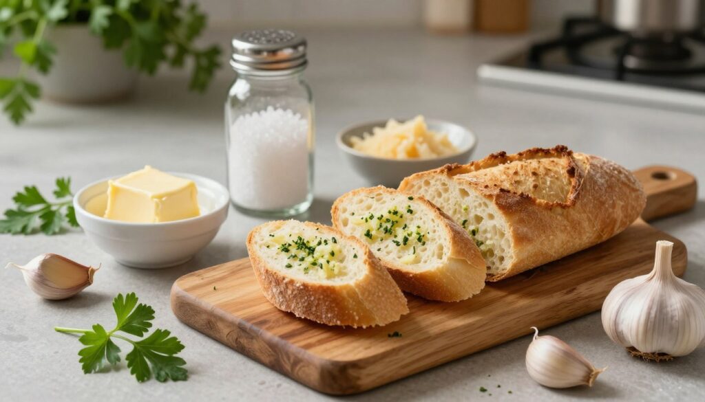 A beautifully arranged flat lay of essential ingredients for a flavorful garlic bread recipe. In the foreground, a rustic wooden cutting board holds freshly sliced baguette pieces. Surrounding the bread, there's a small bowl of softened butter, a head of garlic with cloves scattered around, and a sprig of fresh parsley. In the middle ground, there's a glass jar of coarse sea salt and a small dish of grated Parmesan cheese. The background features a blurred kitchen countertop with a hint of greenery from potted herbs, creating a warm and inviting atmosphere. Soft, natural lighting enhances the texture of the ingredients, casting gentle shadows. The camera angle is slightly above the arrangement to capture all elements cohesively, evoking a sense of culinary inspiration and warmth.