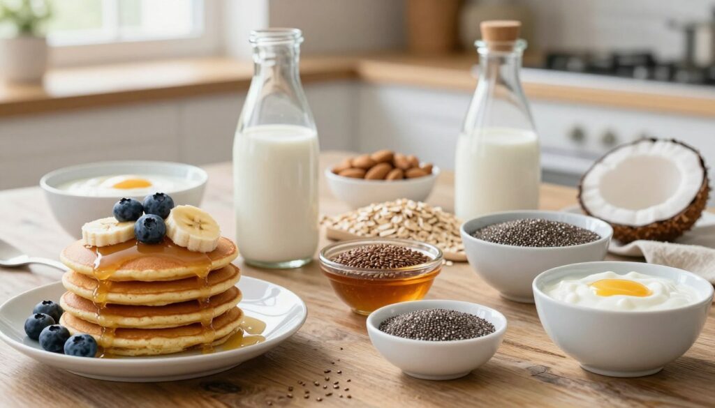 A beautifully arranged flat lay of healthier dairy-free pancake options on a rustic wooden table. In the foreground, fluffy pancakes stacked high, made from almond flour, topped with fresh fruit like blueberries and bananas. Surrounding them are bowls filled with coconut yogurt, chia seeds, and a drizzle of maple syrup. In the middle, softly lit ingredients like almond milk, oats, and flaxseeds are artfully displayed, creating a sense of wholesome goodness. The background features a slightly blurred kitchen setting with soft morning light filtering through a window, infusing the scene with warmth and inviting tranquility. The overall mood is fresh, vibrant, and health-conscious, capturing the essence of a delicious and nourishing breakfast.