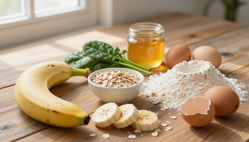 A beautifully arranged flat lay of nutritious baby pancake ingredients, featuring ripe bananas, whole grain flour, eggs, and oats. In the foreground, the bananas are sliced, with a small bowl of oats and a cracked egg nestled beside them. The middle layer includes sprigs of fresh spinach and a small jar of honey, both signifying healthiness. In the background, there's a rustic wooden table and soft, natural light filtering in from a nearby window, casting gentle shadows. The colors are warm and inviting, evoking a nurturing atmosphere, perfect for a child's meal. The composition is polished yet homey, with a focus on vibrant colors and textures that highlight the wholesome ingredients. A beautifully arranged flat lay of nutritious baby pancake ingredients, featuring ripe bananas, whole grain flour, eggs, and oats. In the foreground, the bananas are sliced, with a small bowl of oats and a cracked egg nestled beside them. The middle layer includes sprigs of fresh spinach and a small jar of honey, both signifying healthiness. In the background, there's a rustic wooden table and soft, natural light filtering in from a nearby window, casting gentle shadows. The colors are warm and inviting, evoking a nurturing atmosphere, perfect for a child's meal. The composition is polished yet homey, with a focus on vibrant colors and textures that highlight the wholesome ingredients.