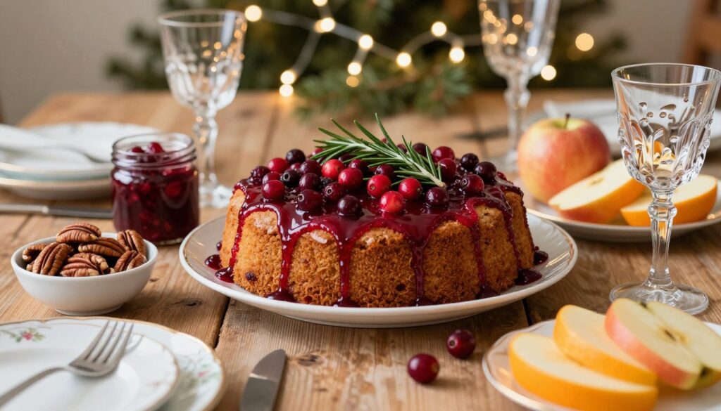 A beautifully arranged holiday dessert scene featuring a moist cranberry cake as the centerpiece, topped with a glossy cranberry glaze and delicate sprigs of rosemary for garnish. Surrounding the cake are colorful side pairings, including a small bowl of candied pecans, a jar of homemade cranberry sauce, and slices of tart apple and orange for contrast. The foreground showcases a festive table setting with elegant china and sparkling glassware. In the background, softly twinkling fairy lights cast a warm, inviting glow, while a rustic wooden table adds texture. The atmosphere is cozy and celebratory, captured in soft, diffused lighting to evoke a festive holiday spirit. Use a 50mm lens at eye level for an intimate perspective, focusing on the vibrant colors and textures of the desserts. A beautifully arranged holiday dessert scene featuring a moist cranberry cake as the centerpiece, topped with a glossy cranberry glaze and delicate sprigs of rosemary for garnish. Surrounding the cake are colorful side pairings, including a small bowl of candied pecans, a jar of homemade cranberry sauce, and slices of tart apple and orange for contrast. The foreground showcases a festive table setting with elegant china and sparkling glassware. In the background, softly twinkling fairy lights cast a warm, inviting glow, while a rustic wooden table adds texture. The atmosphere is cozy and celebratory, captured in soft, diffused lighting to evoke a festive holiday spirit. Use a 50mm lens at eye level for an intimate perspective, focusing on the vibrant colors and textures of the desserts.
