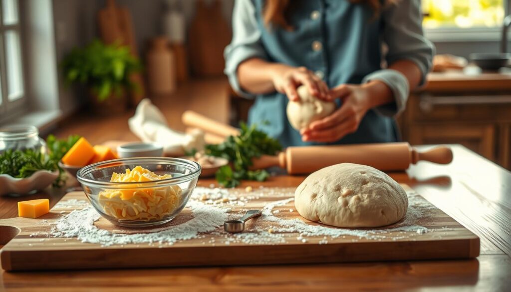 A beautifully arranged kitchen counter showcasing the process of dough preparation for Brazilian cheese rolls. In the foreground, a wooden cutting board is dusted with flour, featuring a bowl of well-mixed dough, vibrant cheese, and other ingredients. The middle ground captures a pair of hands in modest casual attire gently kneading the dough, with a rolling pin and measuring spoons beside them. The background includes soft-focus elements like a colorful array of fresh herbs and a rustic oven. Warm, natural light streams in through a window, casting a cozy glow over the scene, enhancing the inviting and homely atmosphere of cooking. The composition is balanced and intimate, perfect for illustrating the careful steps involved in making this delightful treat. A beautifully arranged kitchen counter showcasing the process of dough preparation for Brazilian cheese rolls. In the foreground, a wooden cutting board is dusted with flour, featuring a bowl of well-mixed dough, vibrant cheese, and other ingredients. The middle ground captures a pair of hands in modest casual attire gently kneading the dough, with a rolling pin and measuring spoons beside them. The background includes soft-focus elements like a colorful array of fresh herbs and a rustic oven. Warm, natural light streams in through a window, casting a cozy glow over the scene, enhancing the inviting and homely atmosphere of cooking. The composition is balanced and intimate, perfect for illustrating the careful steps involved in making this delightful treat.