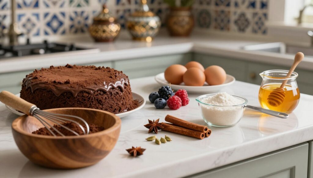 A beautifully arranged kitchen countertop featuring authentic Middle Eastern chocolate cake ingredients, including rich cocoa powder, fresh berries, flour, eggs, and honey. In the foreground, display a rustic wooden mixing bowl and whisk, hinting at the preparation process. In the middle, showcase a delicate arrangement of spices like cardamom and cinnamon, along with a measuring cup filled with sugar. The background features a softly lit kitchen with traditional Middle Eastern decor, like patterned tiles and ornamental jars. The mood is warm and inviting, capturing the essence of an authentic Dubai chocolate experience. Use natural lighting to highlight the textures and colors of the ingredients, while creating a cozy, homey atmosphere through a shallow depth of field, focusing on the ingredients.