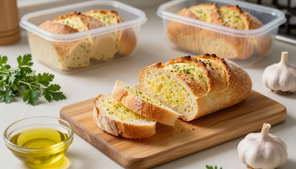 A beautifully arranged kitchen countertop featuring freshly made garlic bread on a wooden cutting board, with a few pieces already cut into slices revealing a fluffy interior. Surround the garlic bread with small bowls of olive oil, fresh herbs like parsley, and a head of garlic for context. In the background, add a neatly packaged container for storing make-ahead garlic bread, subtly emphasizing its convenience. Use warm, inviting lighting to create a cozy atmosphere, highlighting the delicious golden-brown crust of the bread. Capture this scene from a slightly elevated angle to showcase the textures and colors, evoking a sense of warmth and home-cooked goodness.