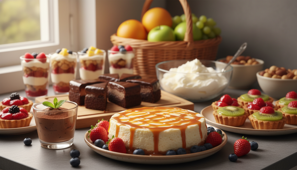 A beautifully arranged kitchen countertop filled with various delicious no-bake desserts, showcasing a colorful assortment of treats like chocolate mousse cups, fruit tarts, and layered parfaits. In the foreground, a close-up of a creamy cheesecake drizzled with caramel sauce, surrounded by fresh berries. In the middle, a wooden cutting board with neatly sliced pieces of a no-bake chocolate ganache cake and a bowl of whipped cream. The background features soft-focus kitchen elements, including a bowl of nuts and a vibrant fruit basket, with natural light streaming in through a window, creating a warm and inviting atmosphere. The overall mood is cheerful and appetizing, perfect for highlighting the benefits of quick no-bake desserts. A beautifully arranged kitchen countertop filled with various delicious no-bake desserts, showcasing a colorful assortment of treats like chocolate mousse cups, fruit tarts, and layered parfaits. In the foreground, a close-up of a creamy cheesecake drizzled with caramel sauce, surrounded by fresh berries. In the middle, a wooden cutting board with neatly sliced pieces of a no-bake chocolate ganache cake and a bowl of whipped cream. The background features soft-focus kitchen elements, including a bowl of nuts and a vibrant fruit basket, with natural light streaming in through a window, creating a warm and inviting atmosphere. The overall mood is cheerful and appetizing, perfect for highlighting the benefits of quick no-bake desserts.