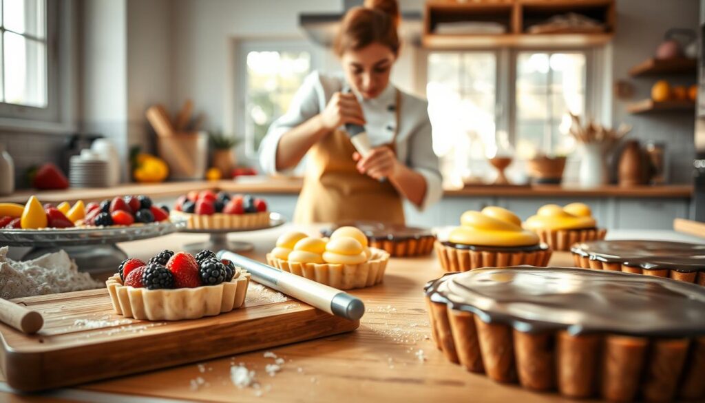 A beautifully arranged kitchen countertop filled with vibrant, freshly baked tarts of various styles—fruit tarts topped with glistening berries, classic lemon tarts with a smooth, shiny finish, and a decadent chocolate tart with rich ganache. In the foreground, a wooden cutting board showcases tools and ingredients, like flour, eggs, and a rolling pin, hinting at the process of tart-making. The middle ground features an elegant pastry chef in modest casual attire, skillfully piping cream onto a tart, conveying expertise. The background includes sunlit windows, casting warm, inviting light onto the scene, emphasizing a cozy, inspiring atmosphere perfect for aspiring bakers. The overall mood is creative and inviting, designed to inspire those looking to master tart dish recipes. A beautifully arranged kitchen countertop filled with vibrant, freshly baked tarts of various styles—fruit tarts topped with glistening berries, classic lemon tarts with a smooth, shiny finish, and a decadent chocolate tart with rich ganache. In the foreground, a wooden cutting board showcases tools and ingredients, like flour, eggs, and a rolling pin, hinting at the process of tart-making. The middle ground features an elegant pastry chef in modest casual attire, skillfully piping cream onto a tart, conveying expertise. The background includes sunlit windows, casting warm, inviting light onto the scene, emphasizing a cozy, inspiring atmosphere perfect for aspiring bakers. The overall mood is creative and inviting, designed to inspire those looking to master tart dish recipes.