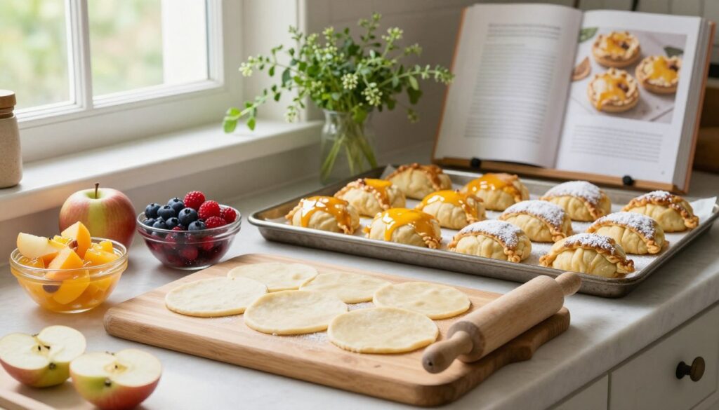 A beautifully arranged kitchen countertop showcasing an overview of an easy hand pie recipe. In the foreground, a wooden cutting board displays freshly rolled dough, a rolling pin, and an assortment of colorful fruit fillings like apples, berries, and peaches in small bowls. The middle ground features a baking sheet lined with golden-brown hand pies, some glazed with a shimmering egg wash, while others are dusted with powdered sugar. The background includes a rustic kitchen with soft, natural light filtering through a window, illuminating a bouquet of fresh herbs and a well-used cookbook opened to a hand pie recipe. The atmosphere is warm and inviting, evoking a sense of home and comfort.