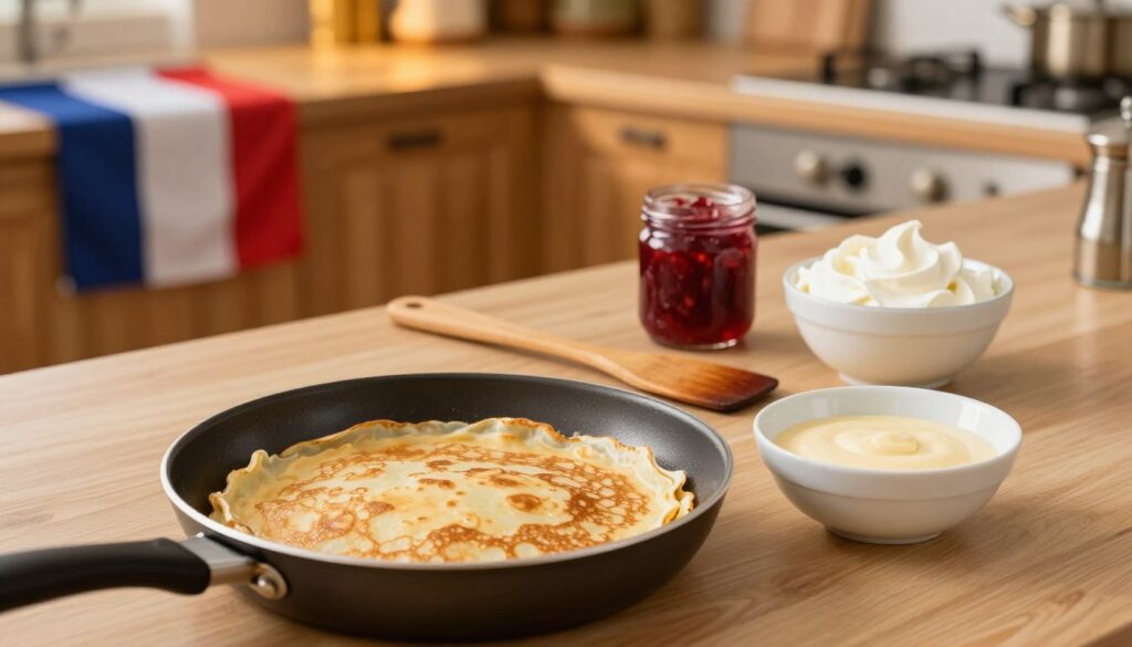 A beautifully arranged kitchen countertop, showcasing the step-by-step process of making French crepes. In the foreground, a non-stick frying pan with a delicate golden crepe sizzling, alongside a small bowl filled with a smooth batter. In the middle, a rustic wooden spatula and a jar of strawberry jam and a bowl of whipped cream, highlighting popular fillings. The background features a warm and inviting kitchen with subtle lighting, wooden cabinets, and a French flag gently draped over a shelf. The scene is captured from a slightly elevated angle to emphasize the ingredients and tools used. The atmosphere is cozy and inviting, perfect for a culinary creation, evoking the essence of French cuisine.
