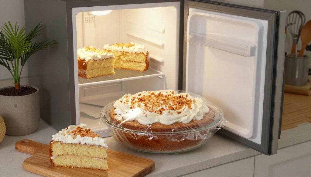 A beautifully arranged kitchen scene depicting a coconut poke cake in a glass dish, partially covered with plastic wrap, showing an inviting texture topped with whipped cream and toasted coconut flakes. In the foreground, a wooden cutting board holds a slice of the cake, revealing the delicious layers inside. The middle ground features a refrigerator with the door slightly ajar, revealing more wrapped slices of the cake, highlighting the theme of storing and freezing. The background showcases cozy kitchen elements, like potted coconut plants and cooking utensils. Soft, warm lighting bathes the scene, creating an inviting and homely atmosphere. The angle is slightly above eye-level, making the cake the focal point, while emphasizing the storing process.