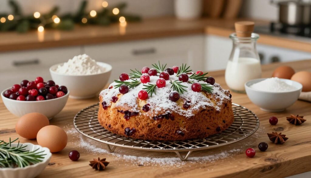A beautifully arranged kitchen scene featuring a freshly baked homemade cranberry Christmas cake at the center, cooling on a rustic wooden countertop. The cake is adorned with a light dusting of powdered sugar and topped with vibrant red cranberries and sprigs of green rosemary, creating a festive look. Surrounding the cake are neatly organized ingredients—fresh cranberries, flour, sugar, eggs, and spices, all displayed in elegant bowls. Soft, warm lighting gently illuminates the scene, highlighting the rich textures of the cake and ingredients. In the background, a holiday-themed decoration, like a cozy garland or twinkling fairy lights, adds to the festive atmosphere. The camera angle is slightly elevated, providing a clear view of the cake and the ingredients while inviting a sense of warmth and holiday cheer. A beautifully arranged kitchen scene featuring a freshly baked homemade cranberry Christmas cake at the center, cooling on a rustic wooden countertop. The cake is adorned with a light dusting of powdered sugar and topped with vibrant red cranberries and sprigs of green rosemary, creating a festive look. Surrounding the cake are neatly organized ingredients—fresh cranberries, flour, sugar, eggs, and spices, all displayed in elegant bowls. Soft, warm lighting gently illuminates the scene, highlighting the rich textures of the cake and ingredients. In the background, a holiday-themed decoration, like a cozy garland or twinkling fairy lights, adds to the festive atmosphere. The camera angle is slightly elevated, providing a clear view of the cake and the ingredients while inviting a sense of warmth and holiday cheer.