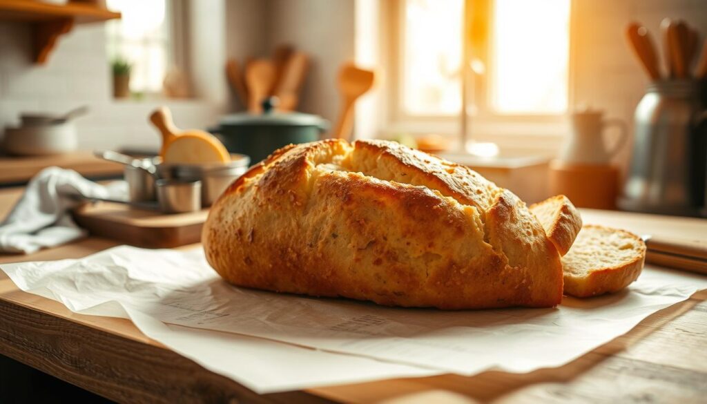 A beautifully arranged kitchen scene featuring a freshly baked loaf of Dutch oven bread with a soft, golden crust and a crispy exterior. In the foreground, a sheet of parchment paper is elegantly placed beneath the bread, highlighting its importance in the baking process. The middle ground showcases a rustic wooden cutting board with the bread being sliced, revealing its fluffy interior. A few baking tools, like a serrated knife and measuring cups, are scattered nearby. In the background, warm, diffused natural light streams through a window, casting a gentle glow across the countertop, creating an inviting and cozy atmosphere. The overall mood is warm and homely, emphasizing the joy of baking and the role of parchment paper in achieving perfect results.
